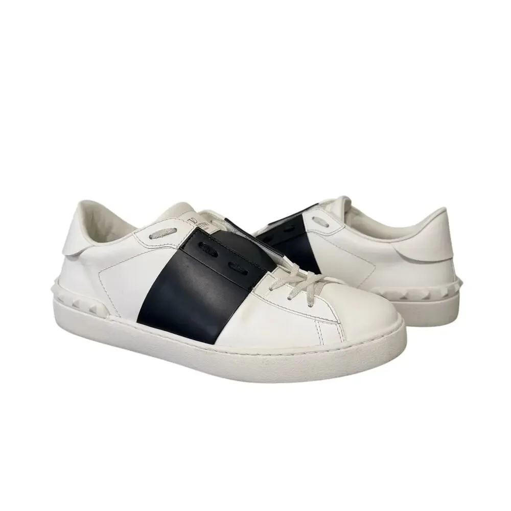 Valentino Rockstud Open Leather Sneakers IT 44.5 White Black Colorblock